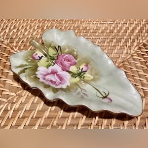 Vintage Lefton Leaf Dish with Rose Design Hand Painted #1860